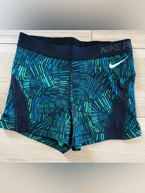 Nike Pro Dri Fit Compression Shorts Green Blue Print Athletic Medium